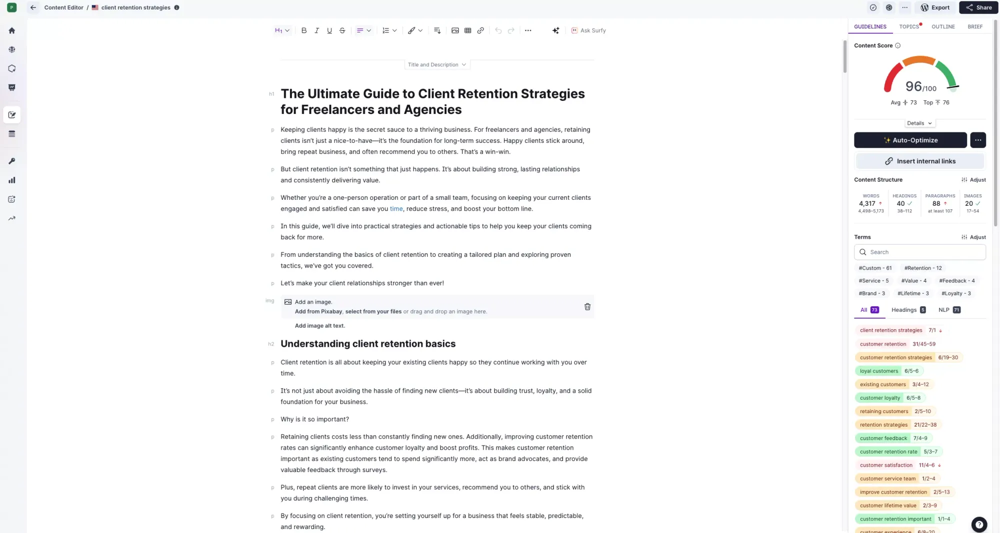 Screenshot of SurferSEO content editor showing how blog writing in SurferSEO works